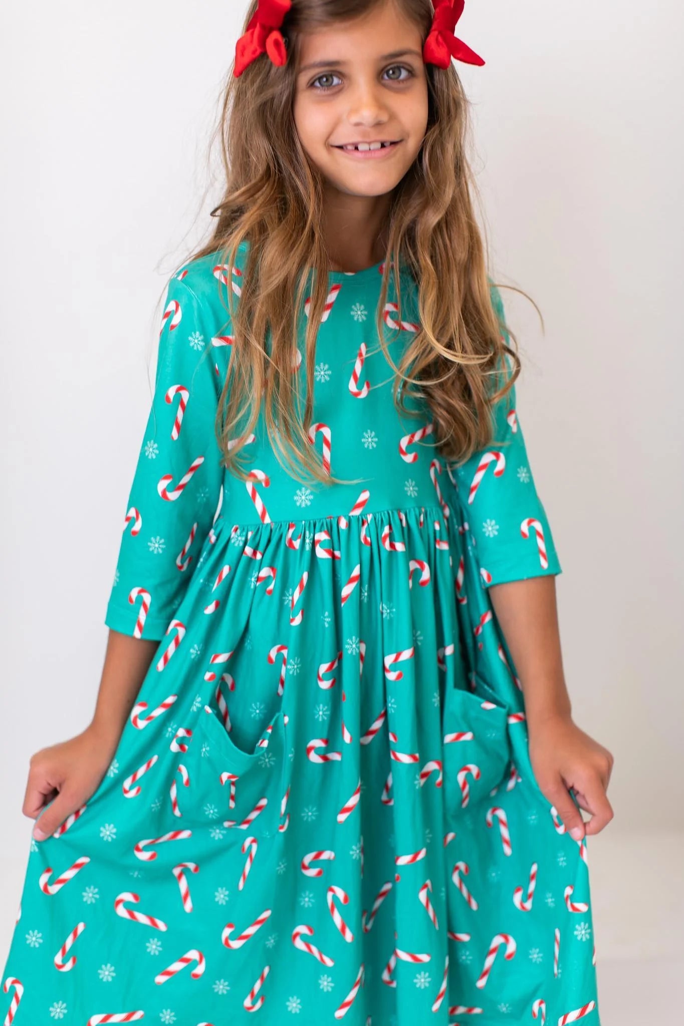 CHRISTMAS CANDY 3/4 SLEEVE POCKET TWIRL DRESS