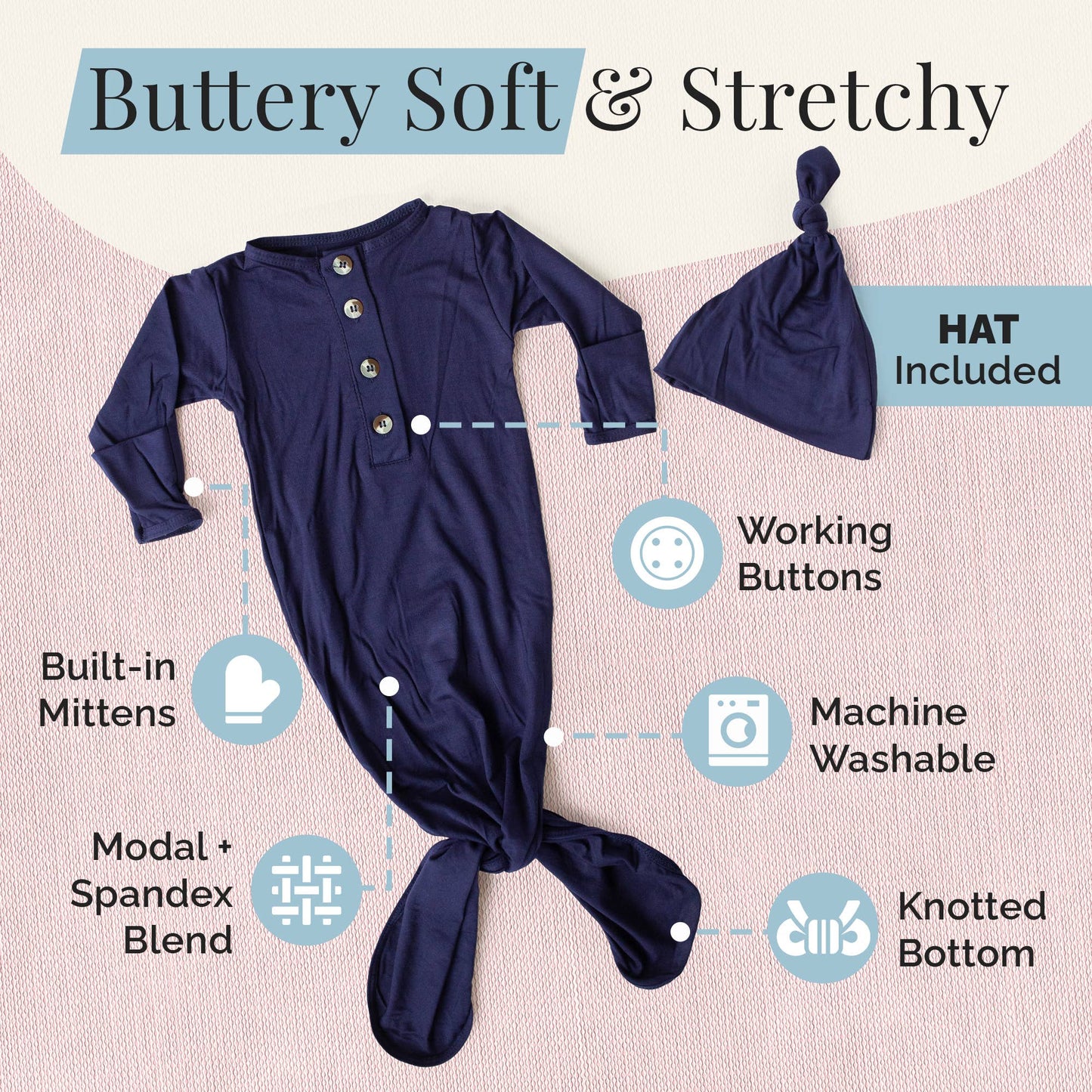 Knotted Baby Gown and Hat Set- Navy Blue