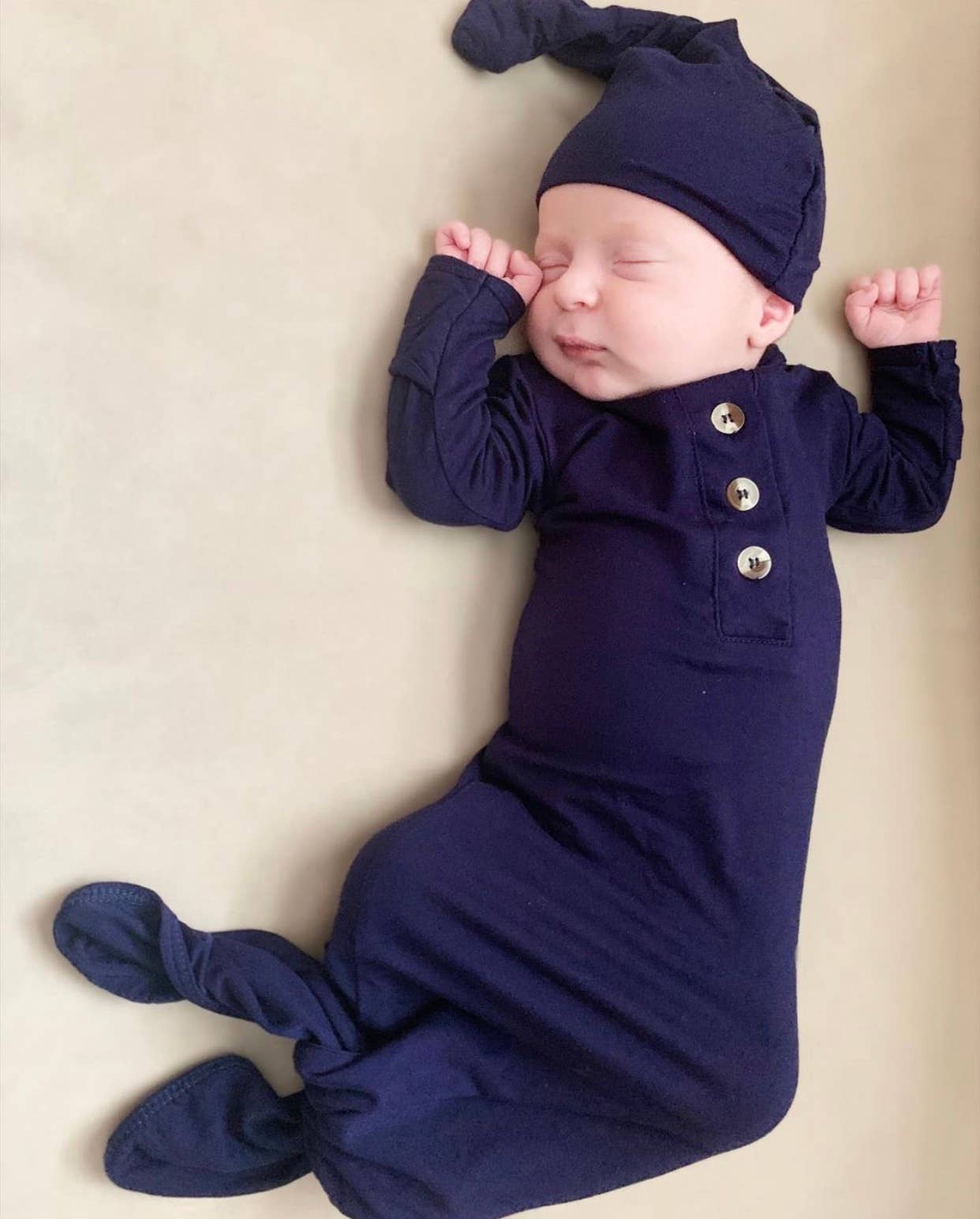 Knotted Baby Gown and Hat Set- Navy Blue