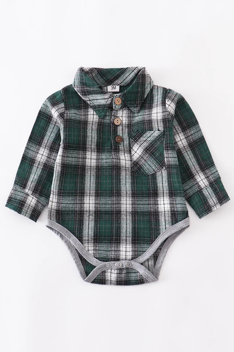 Green Plaid Button Down Romper