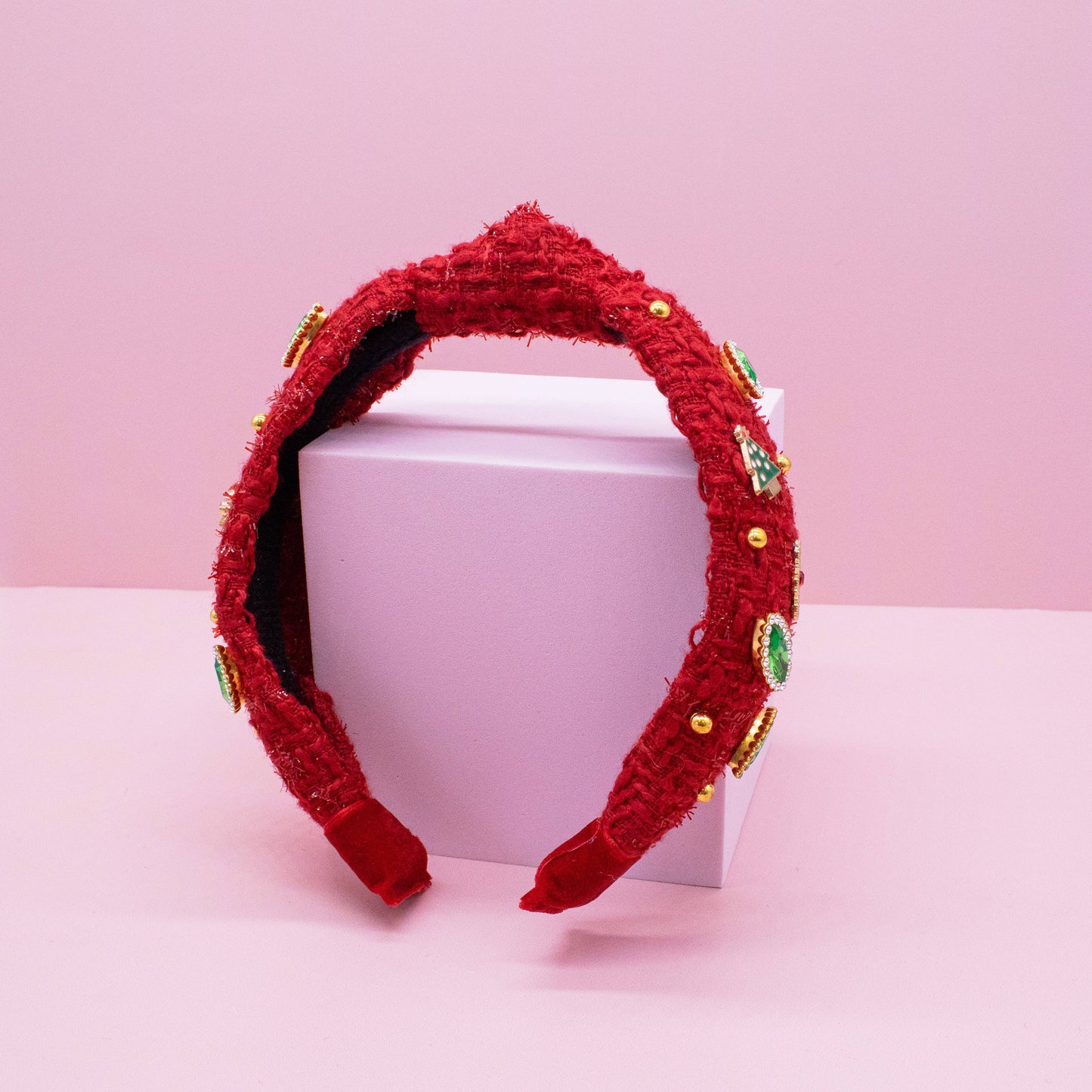 Embellished Christmas Knot Headband - Tweed Rhinestone Pearl