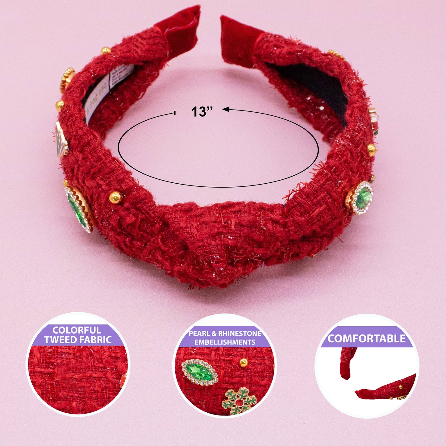 Embellished Christmas Knot Headband - Tweed Rhinestone Pearl