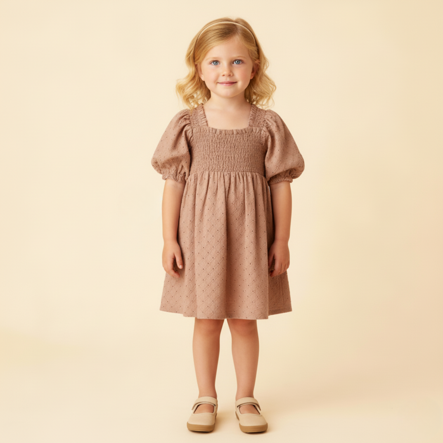 Organic Eyelet Bubble Sleeve Dress - Clay Eyelet