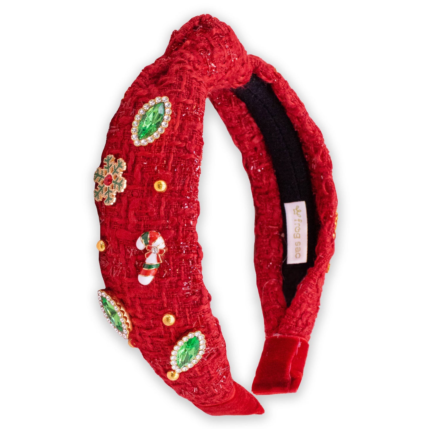 Embellished Christmas Knot Headband - Tweed Rhinestone Pearl