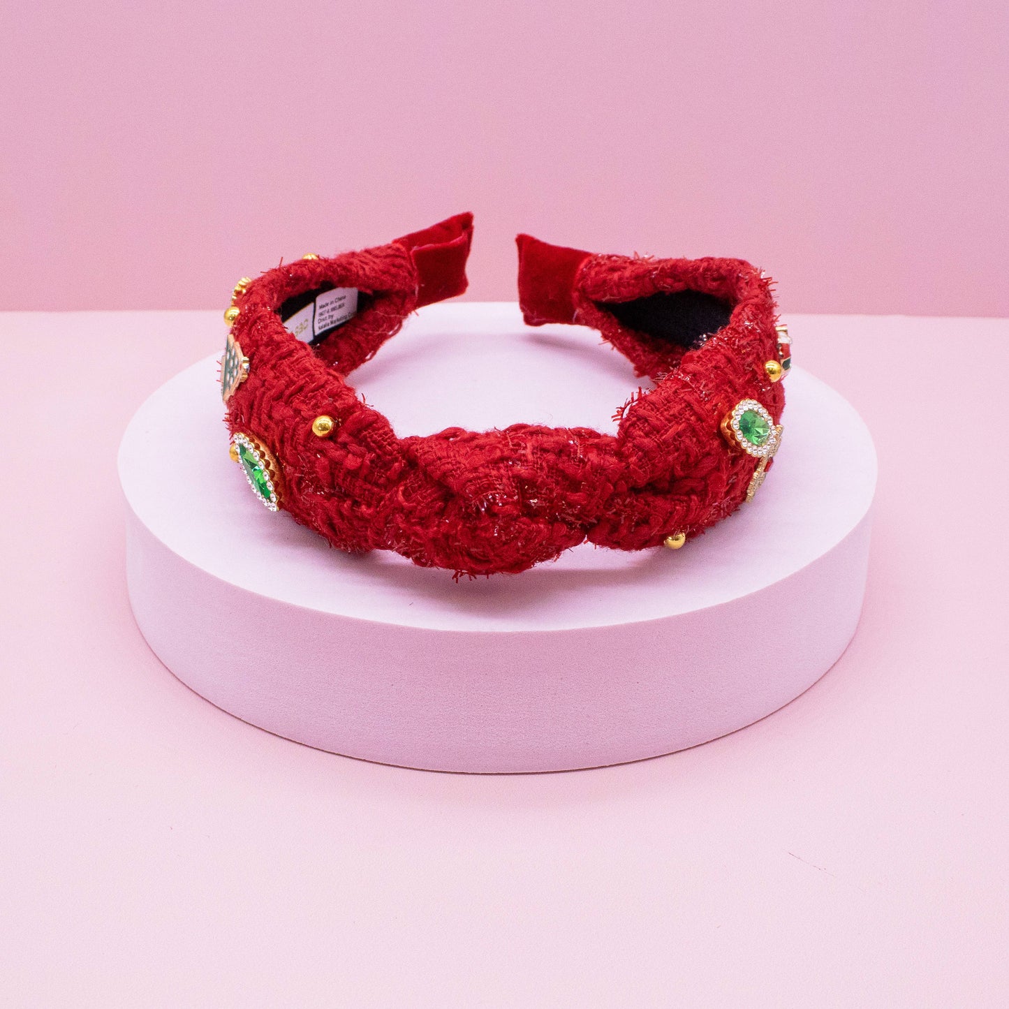 Embellished Christmas Knot Headband - Tweed Rhinestone Pearl