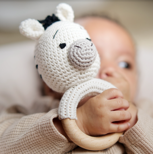 Handmade Organic Cotton Rattle Ring Teether · Zebra Design · Black and Grey with White Body Color