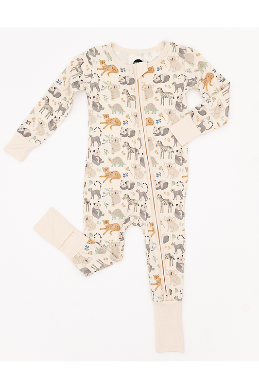 Bamboo One Piece Zip Pajama - Safari Friends