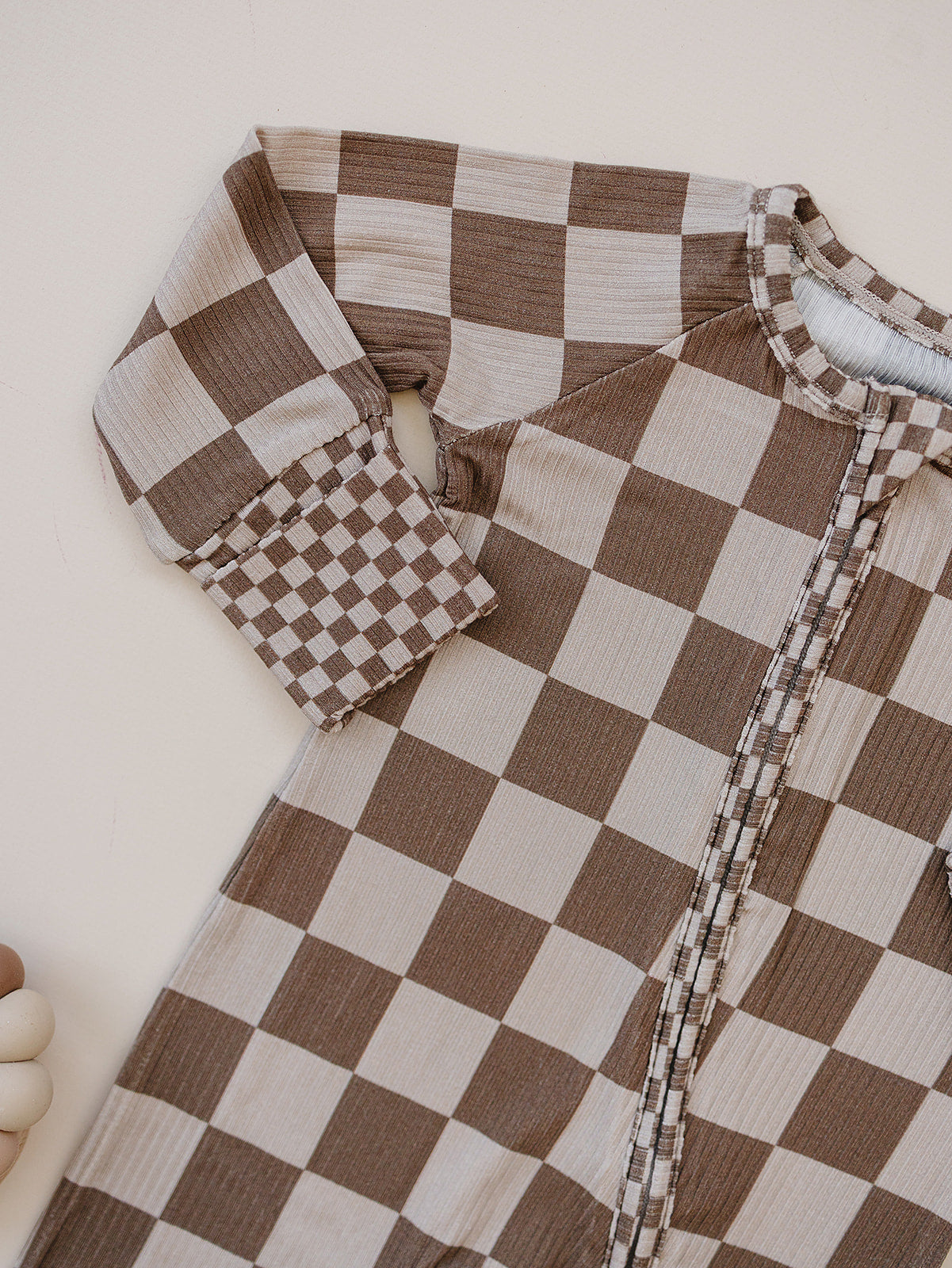 Ribbed Bamboo Zip Romper | Latte Checkered
