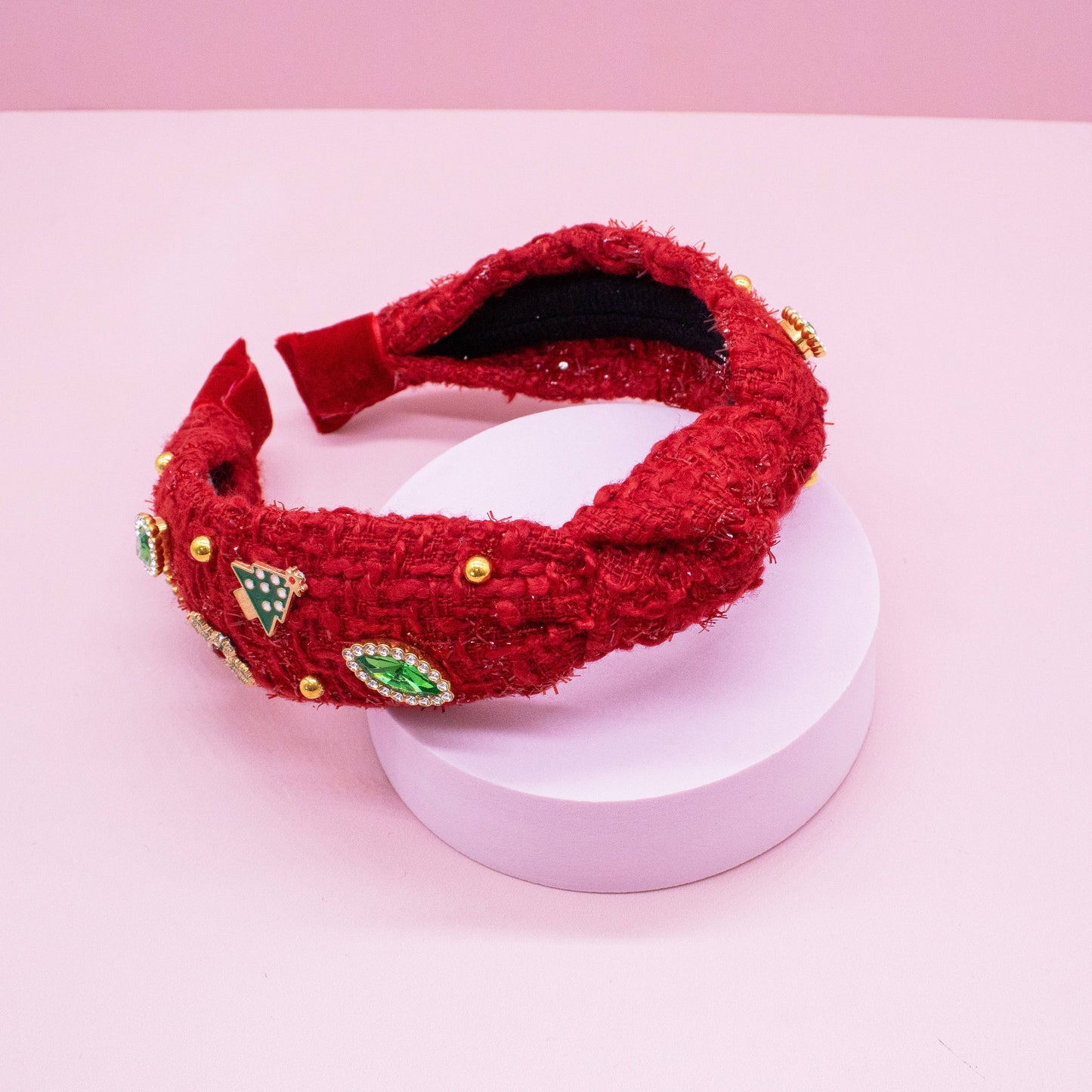 Embellished Christmas Knot Headband - Tweed Rhinestone Pearl