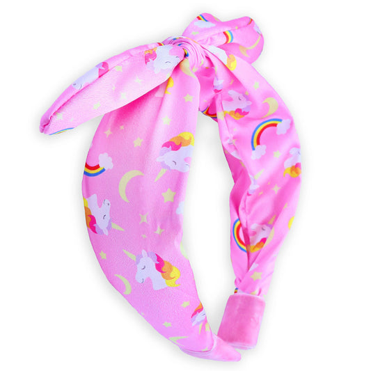 Silky Knotted Rabbit Ear Bow Headband: Pink Unicorn